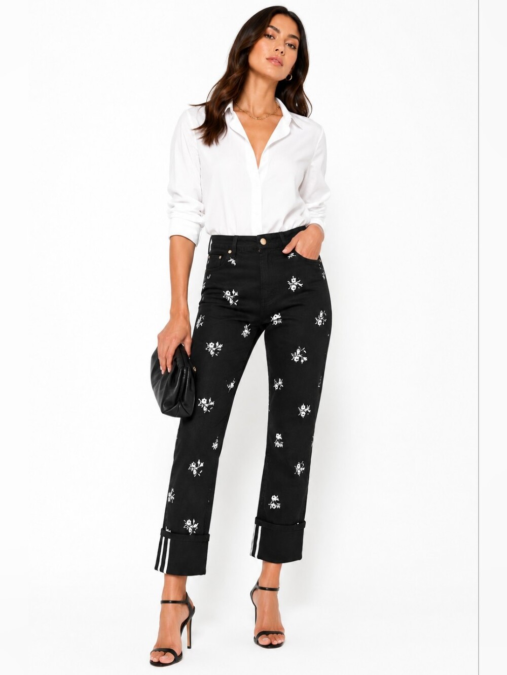 ERDEM Nathaniel Embroidered Straight Leg Jeans Black Floral Mid Rise US 12